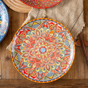 Prato Raso em Cerâmica Boho – Estampa Geométrica Redonda 