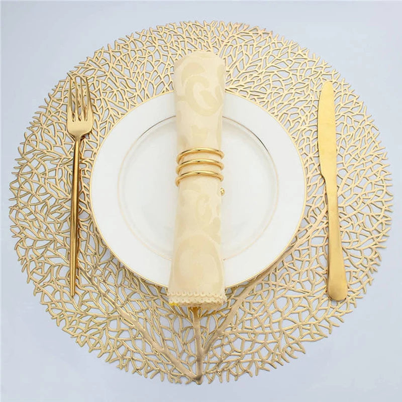 Golden Leaf Pattern PVC Table Mats – Set of 4 Elegant Placemats