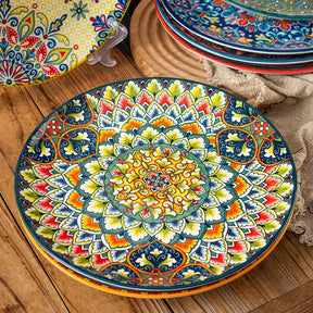 Prato Raso em Cerâmica Boho – Estampa Geométrica Redonda 