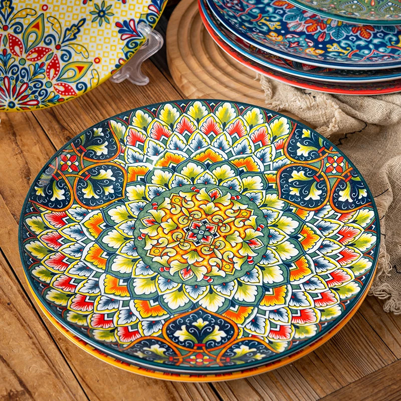 Prato Raso em Cerâmica Boho – Estampa Geométrica Redonda 