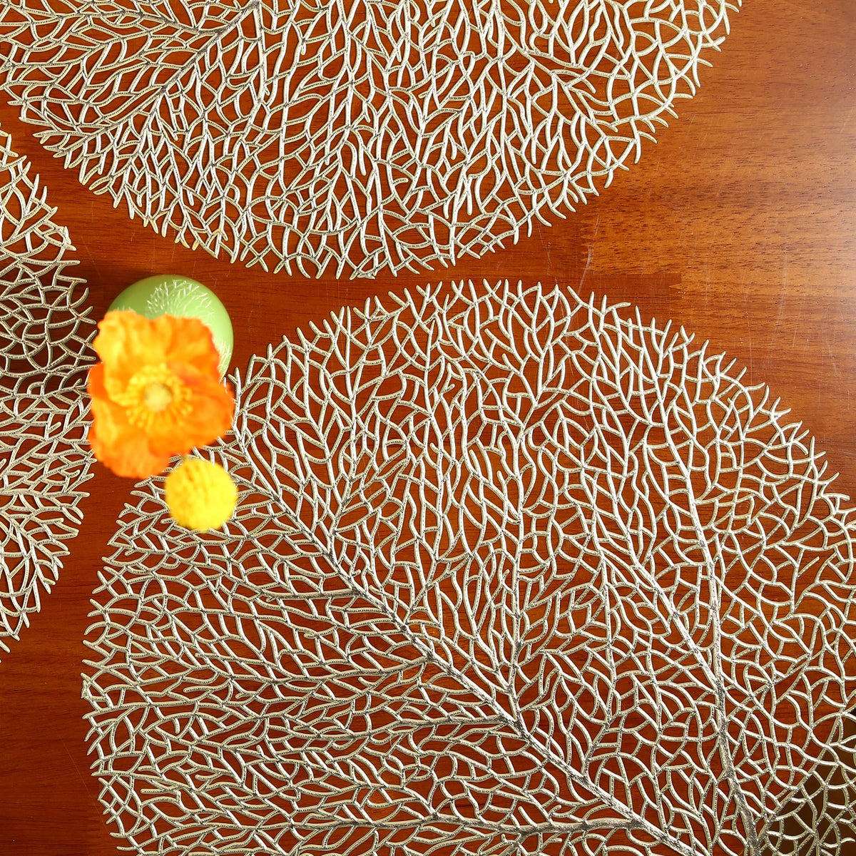 Golden Leaf Pattern PVC Table Mats – Set of 4 Elegant Placemats