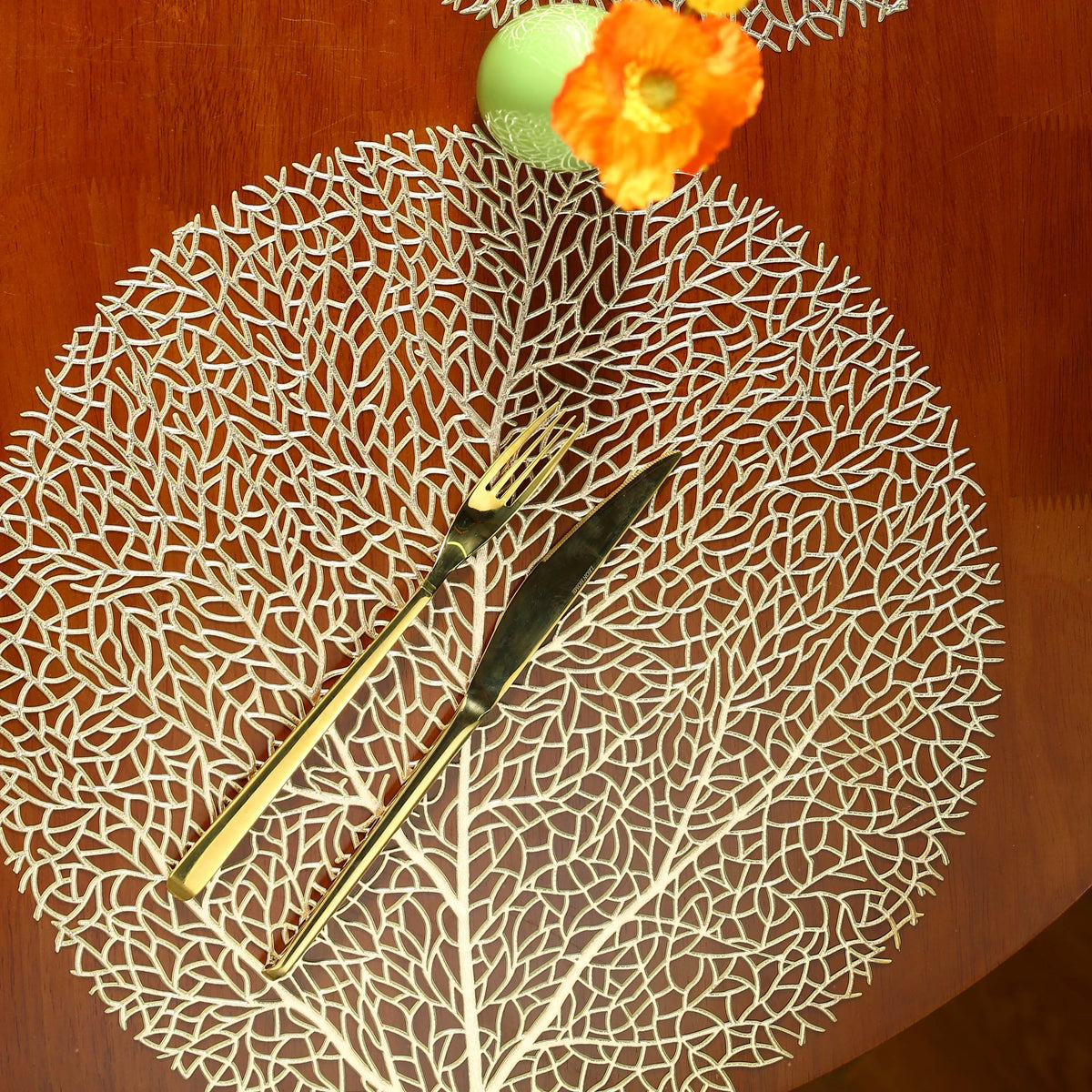 Golden Leaf Pattern PVC Table Mats – Set of 4 Elegant Placemats